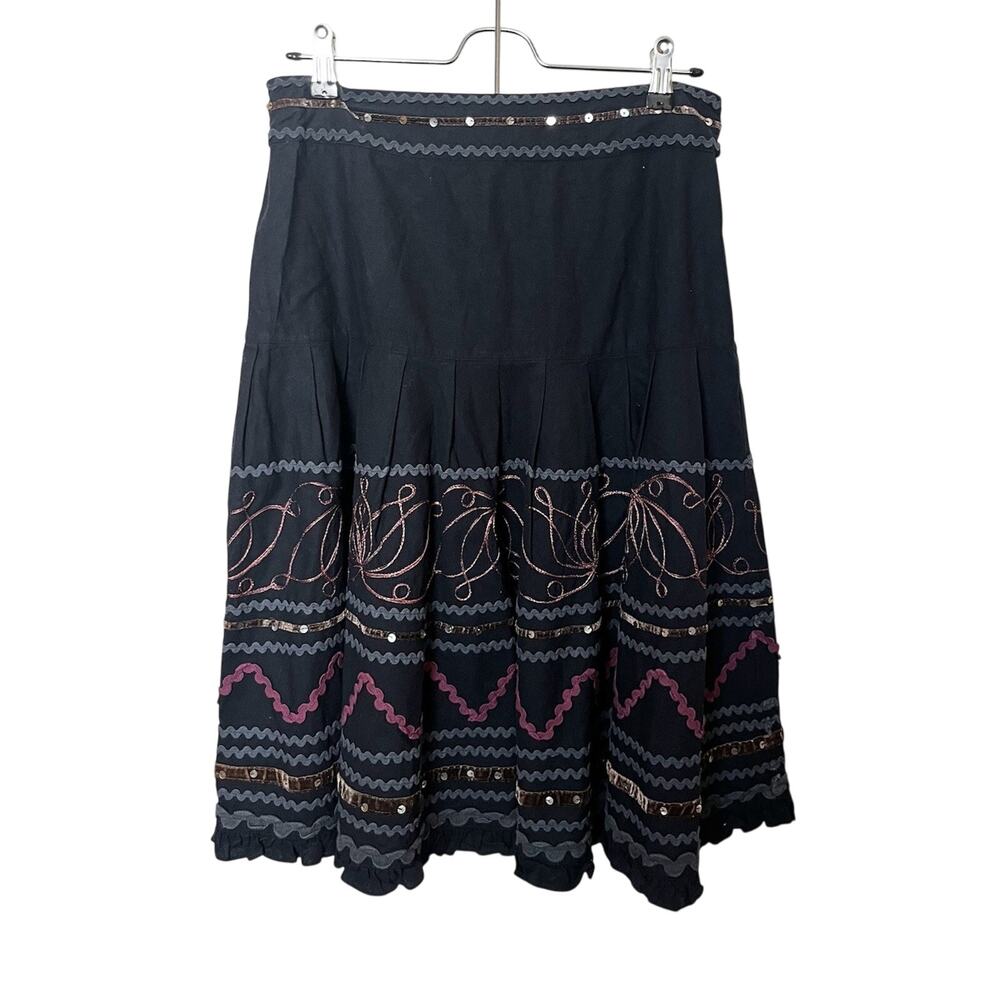 Vintage Y2K Black Embroidered Sequin Tiered Flare Skirt Sz Medium Boho Eclectic